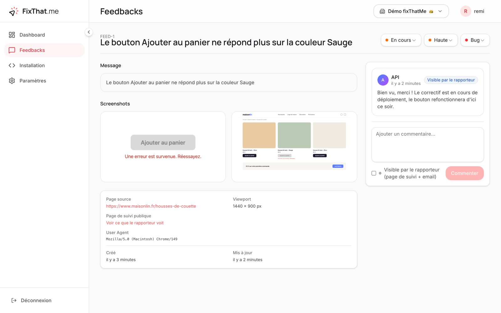Fiche d'un feedback : screenshots de la zone signalée et de la page, contexte technique, commentaires internes et réponses publiques