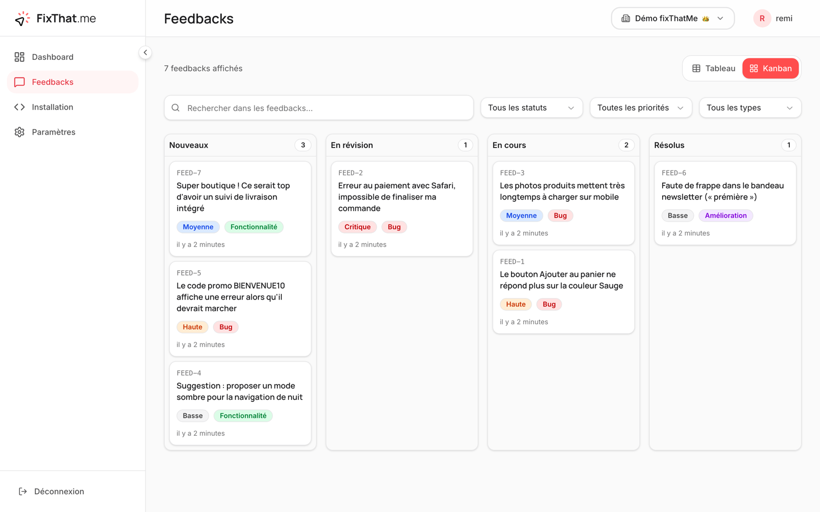 Le dashboard fixThatMe : feedbacks organisés en kanban par statut (nouveaux, en révision, en cours, résolus)